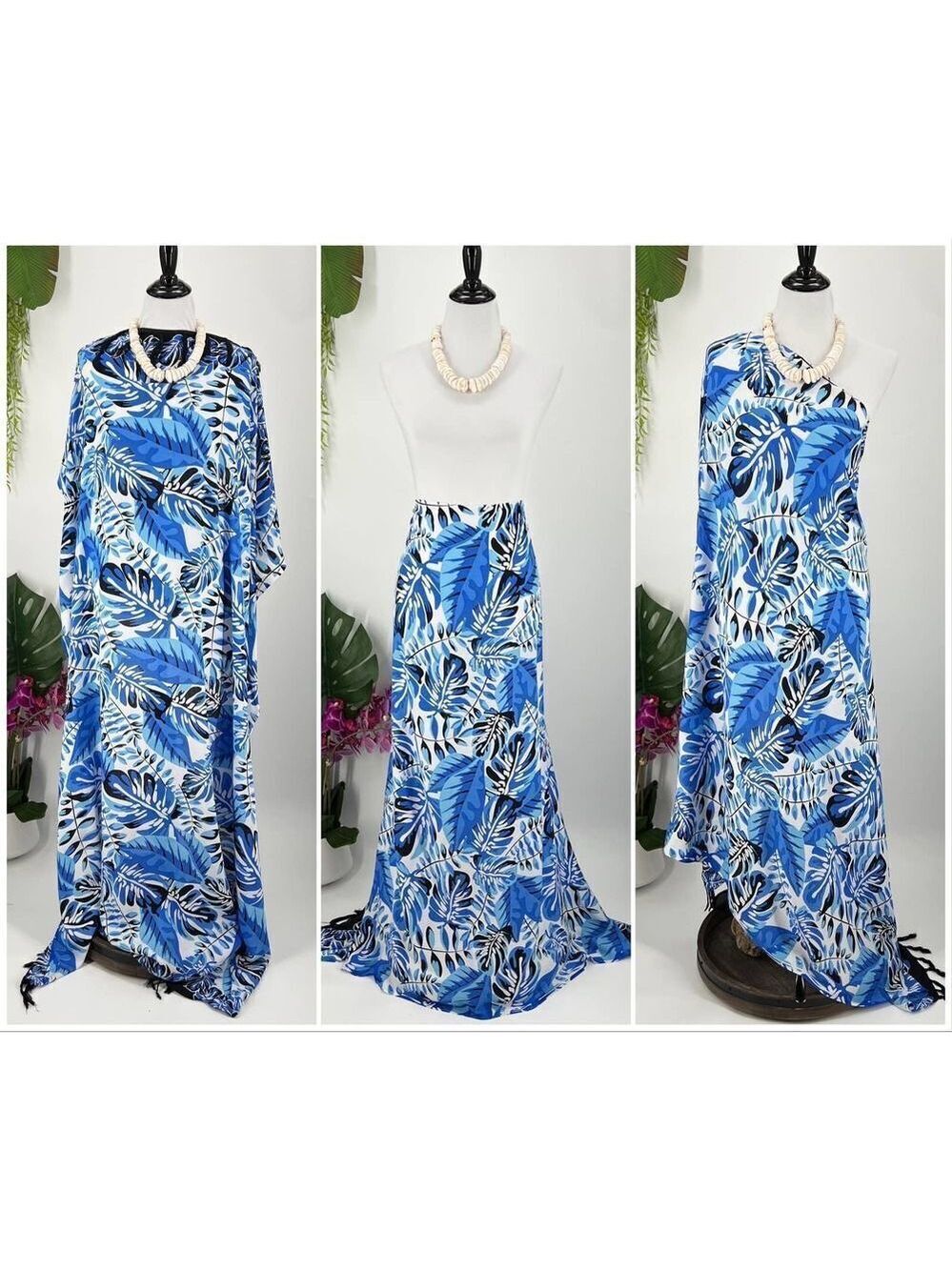 White/Black/Blue Tropical Foliage Hawaiian MAXI SARONG Kīkepa Pareo Beach Wrap